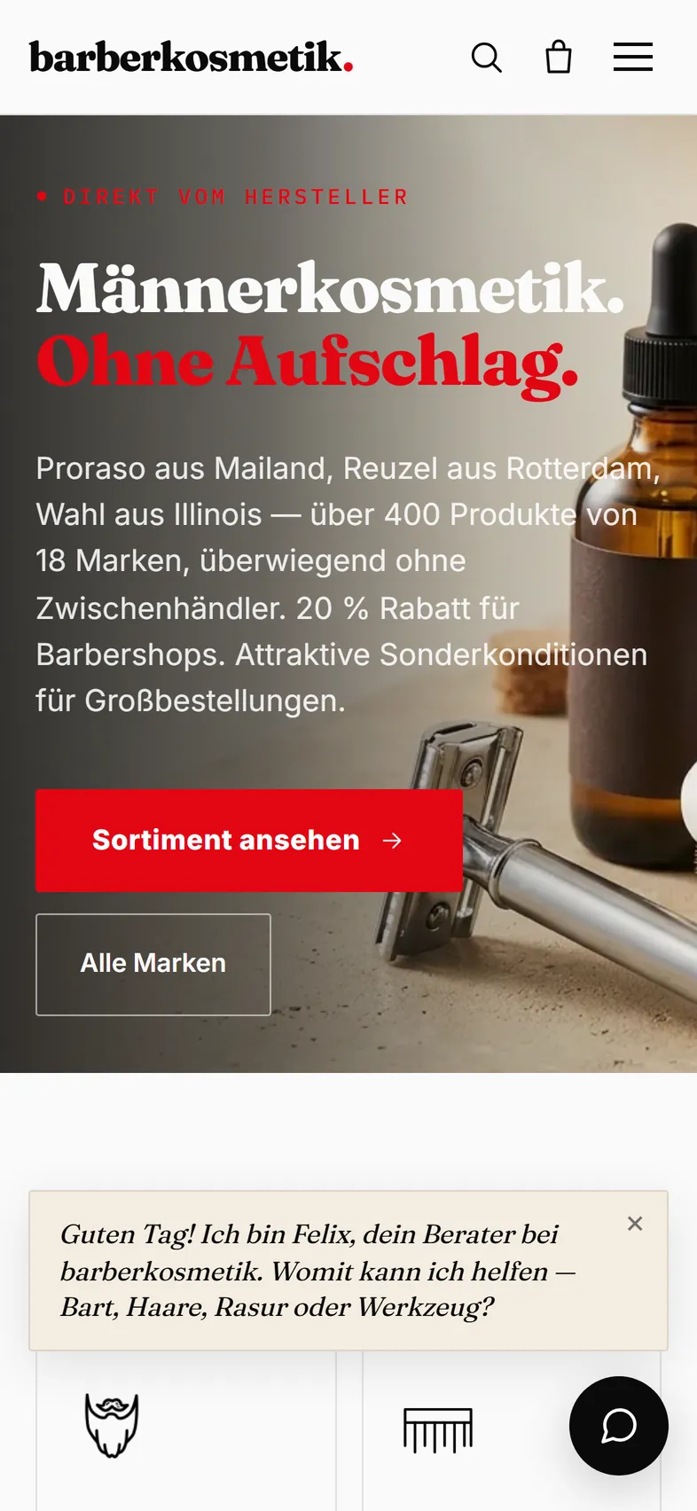 The Barberkosmetik home page on a phone