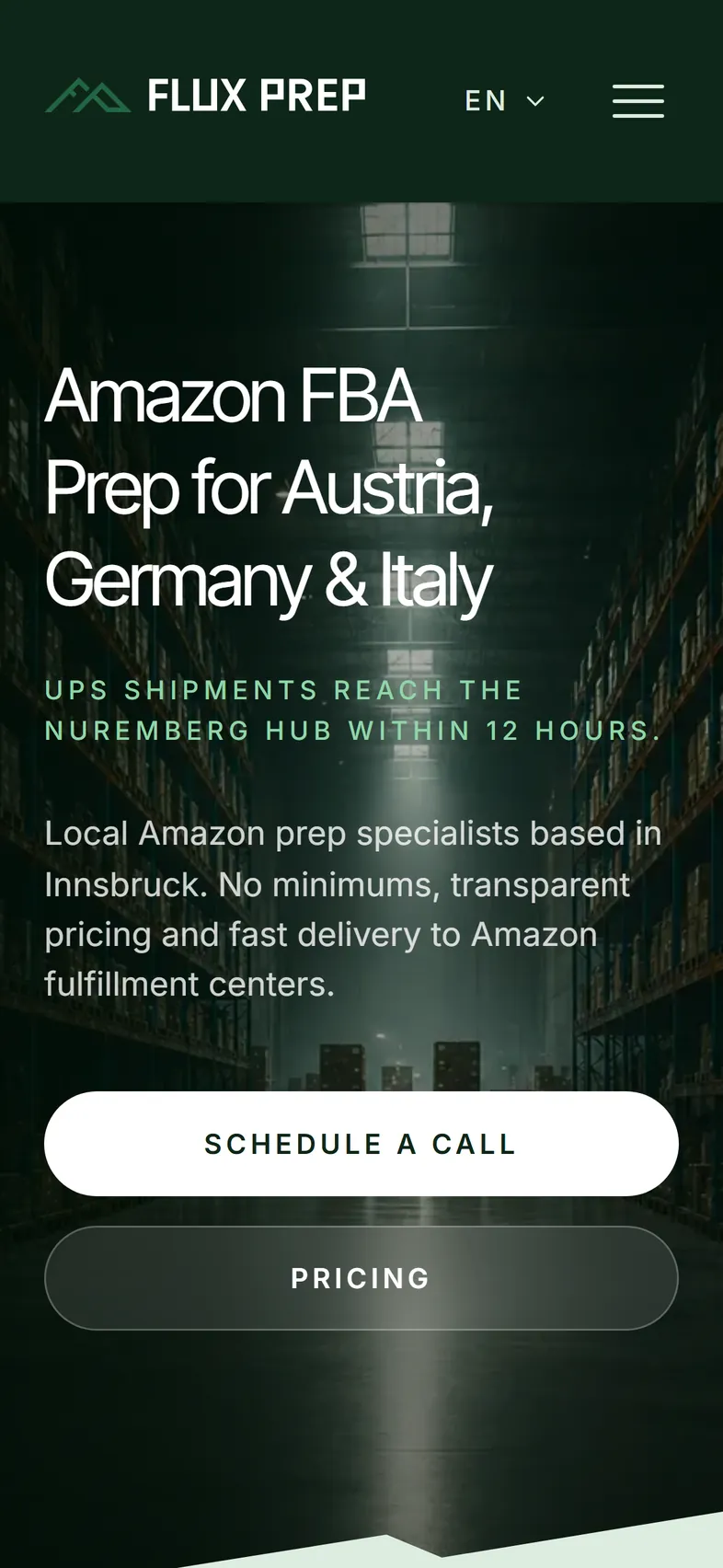 The FluxPrep home page on a phone