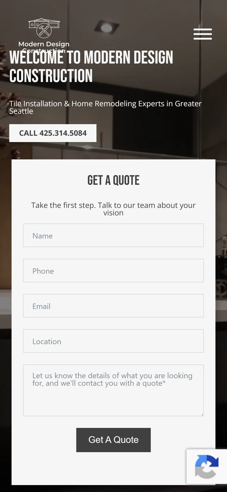 The Modern D Construction home page on a phone