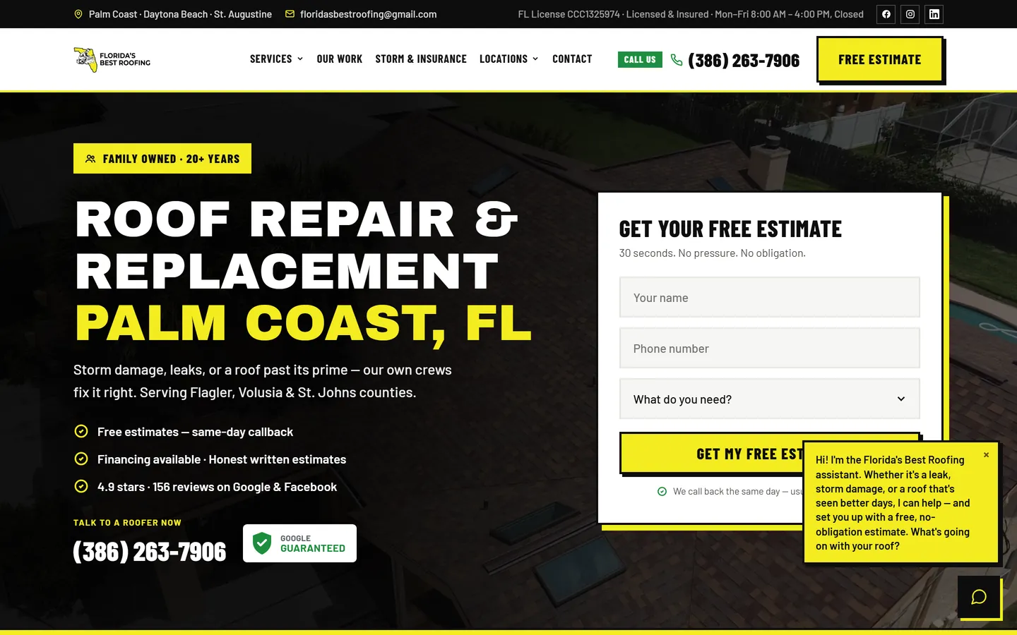 The Florida's Best Roofing home page as it ships today