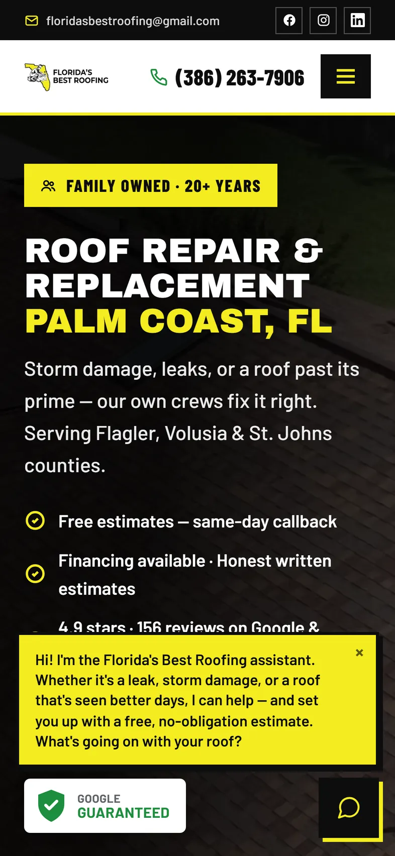The Florida's Best Roofing home page on a phone