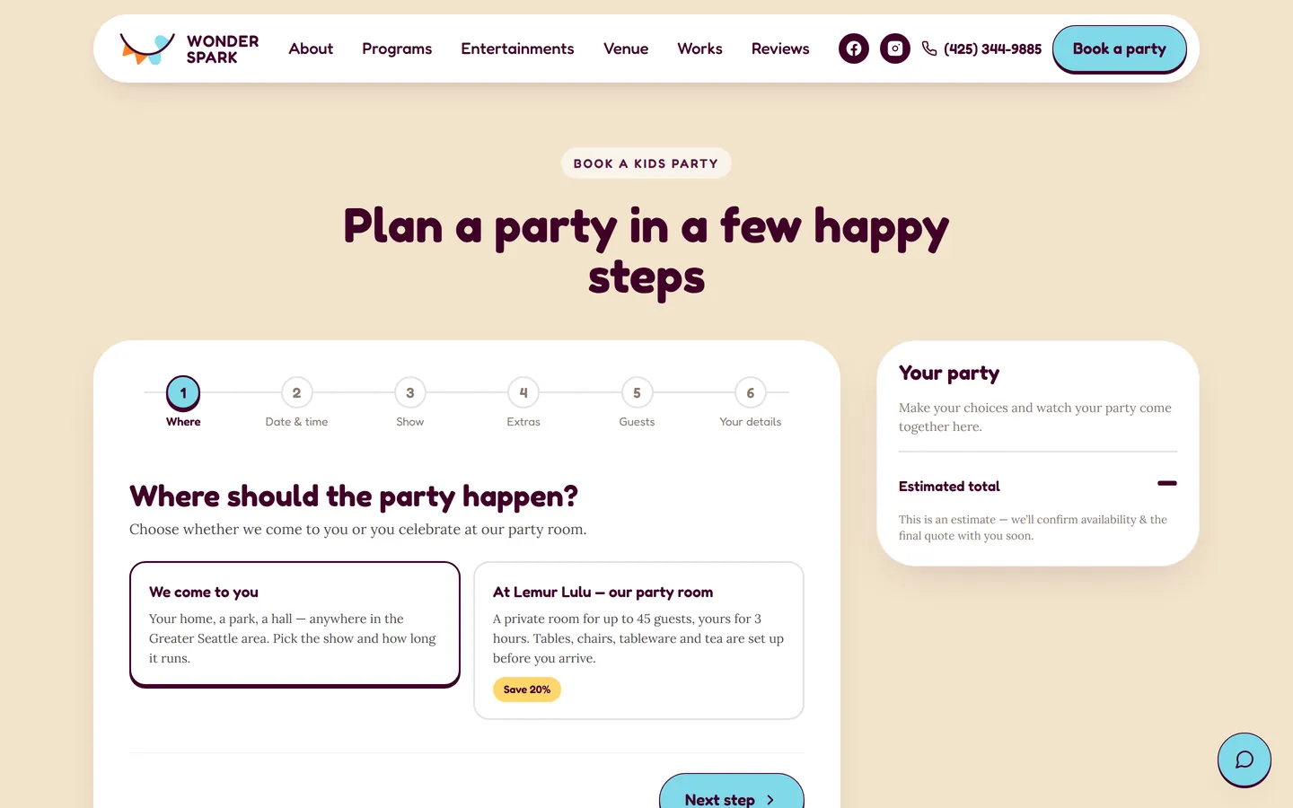 The Wonder Spark booking wizard