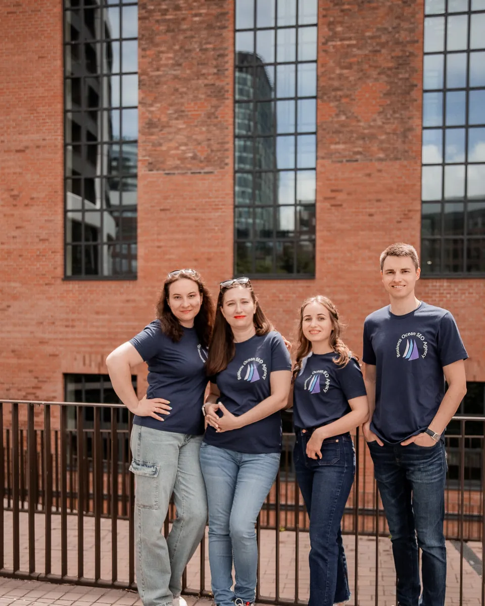 The Business Ocean team by the red brick office building