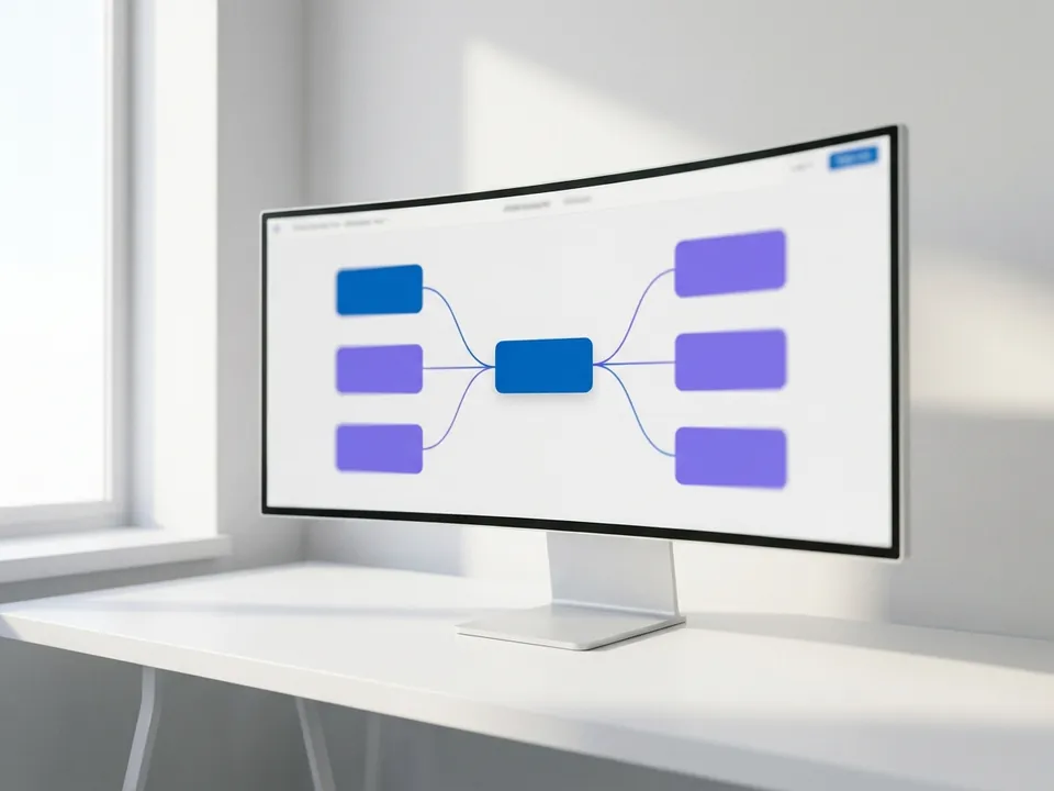 An automation workflow of connected nodes on a wide monitor