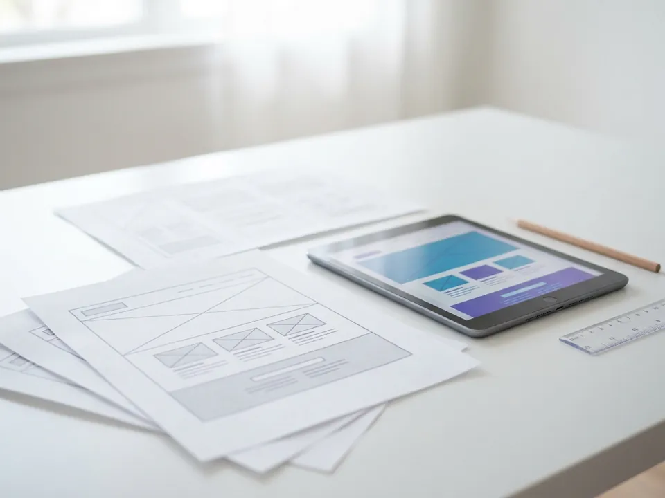 Printed wireframe sheets and a tablet layout on the desk