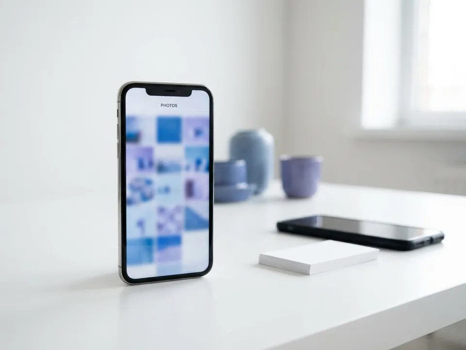 A social content grid on a phone standing on the studio desk